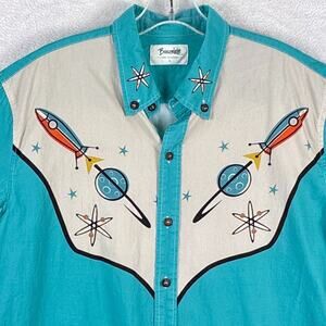 Boozelele Western Camp Shirt Mens L Blue Atomic Rocket Space Retro Cowboy Ranch